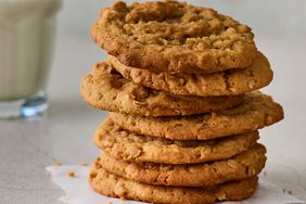 close up on a stack of oatmeal peanut butter cookies