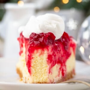 Piece of Cranberry Cheesecake with a bite removed showing texture.