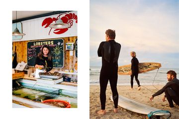 Pair of photos from Montauk, one showing a seafood seller and one showing surfers on the beach