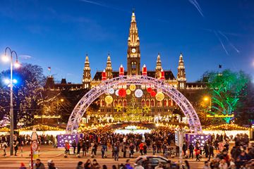 Christmas market on Rathausplatz in Vienna. (with Merry Christmas script in German)