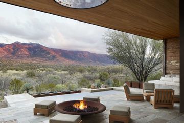 Miraval Arizona terrace seating by fire pit, Tucson, Arizona