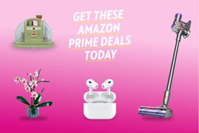 Collage of four amazon items for best prime deals on a pink background