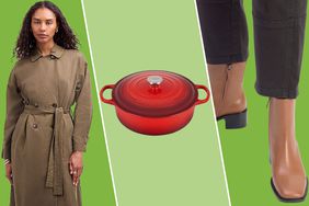 Collage of a person wearing a trench coat, a dutch oven, and boots on a green background